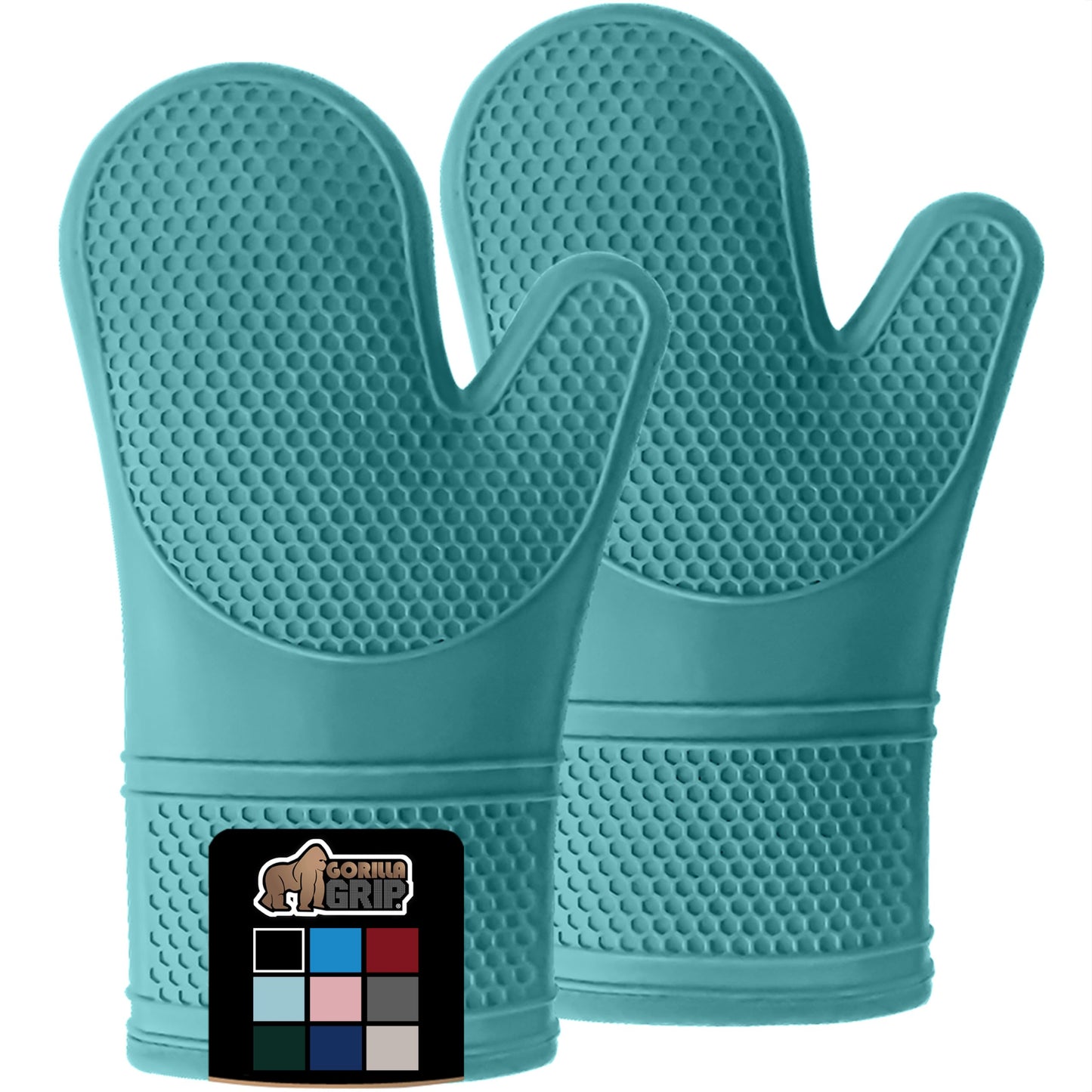 Gorilla Grip Heat and Slip Resistant Silicone Oven Mitts Set, Soft Cotton Lining, Waterproof, BPA-Free, Long Flexible Thick Gloves for Cooking, BBQ, Kitchen Potholders, 12.5 in, Turquoise