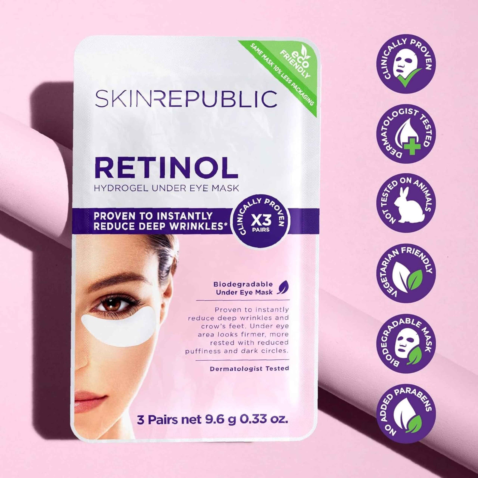 Skin Republic Retinol Under Eye Mask. Clinically Proven to Reduce Crow’s Feet and Deep Wrinkles. Made in Korea. 3 Pack (9 pairs of under eye masks).