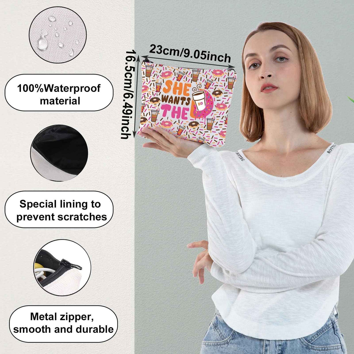 WZMPA Donuts and Coffee Cosmetic Makeup Bag Donuts Lover Gift She Wants The Donuts Makeup Zipper Pouch Bag For Friend Family (She wants the F)