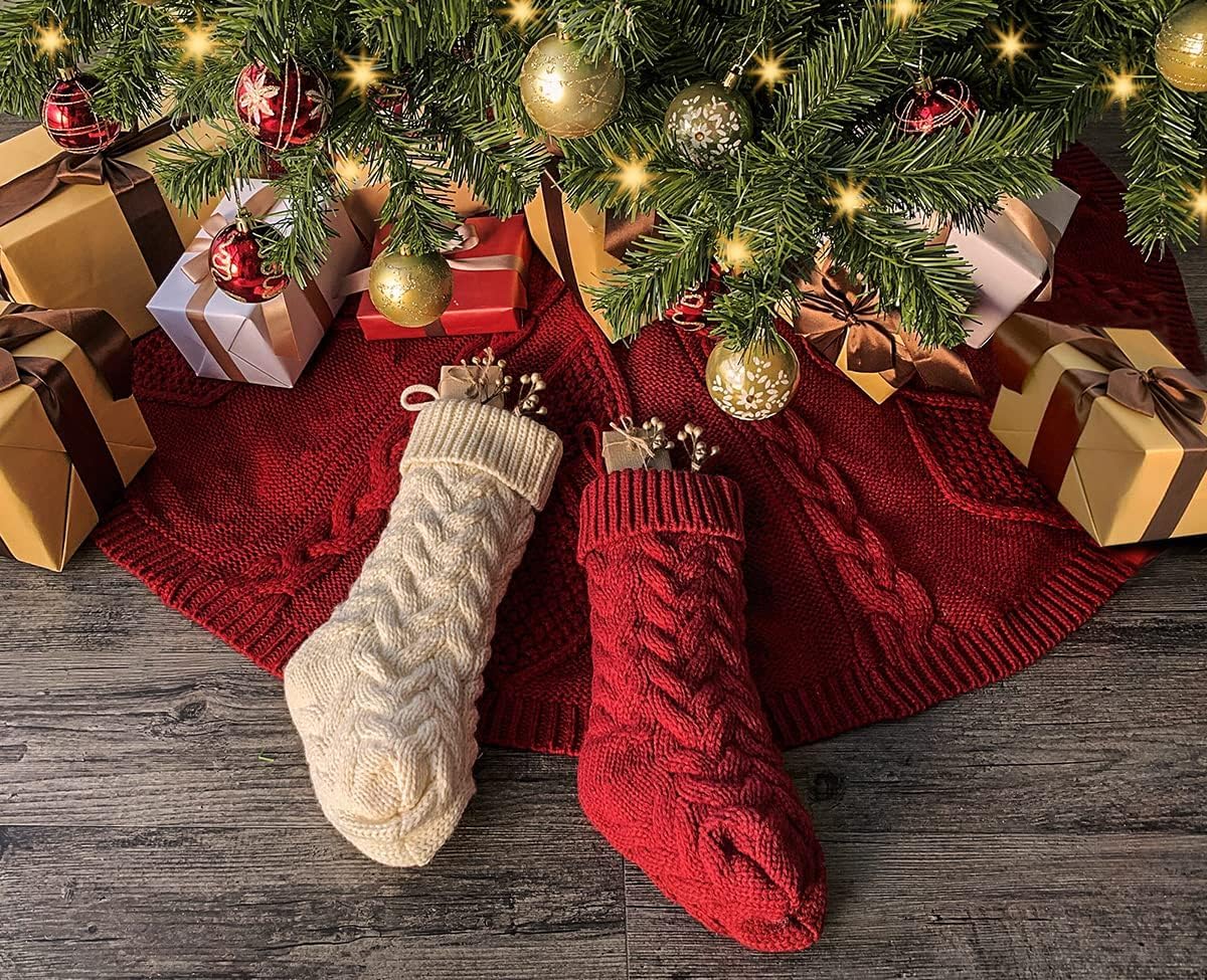 LimBridge Knitted Christmas Tree Skirt: 48 Inches Wine Red Tree Skirt, Diamond Braided Cable Knit Thick Rustic Christmas Tree Decorations, Farmhouse Christmas Decor Xmas Holiday Home Party Decorations