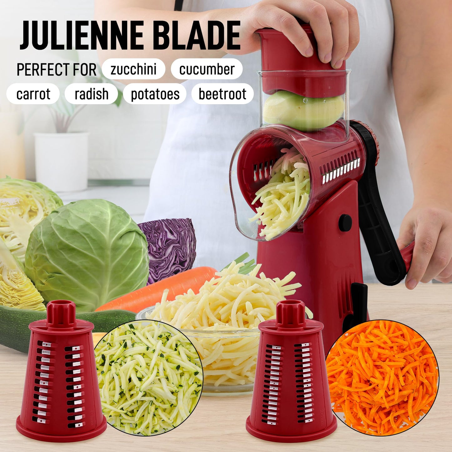 Zulay Rotary Cheese Grater 5 Blade Cheese Shredder - Manual Hand Crank Cheese Grater With Reinforced Suction & 5 Interchangeable Drums - Easy to Use Vegetable Chopper - Deep Maroon