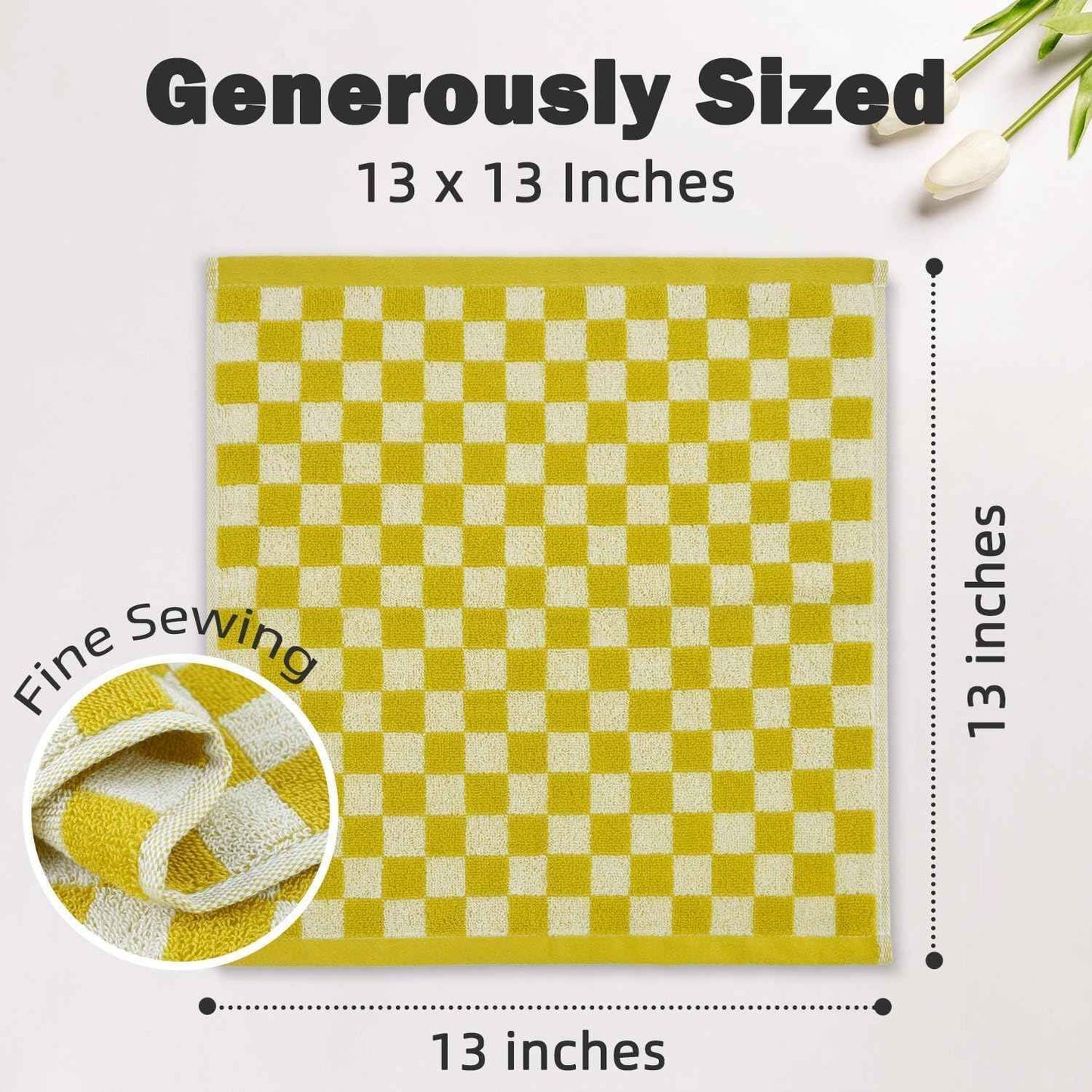 Super Soft Wash Cloths(Mustard Yellow Checkered), 12 Pack Washcloths Facecloth, Cotton Face Towels Set for Body Showering 13x13 Inches, Gifts