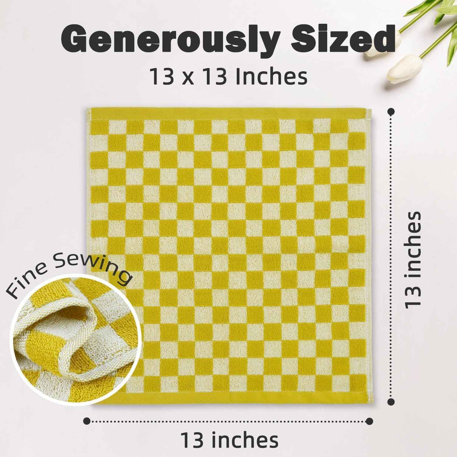 Super Soft Wash Cloths(Mustard Yellow Checkered), 12 Pack Washcloths Facecloth, Cotton Face Towels Set for Body Showering 13x13 Inches, Gifts