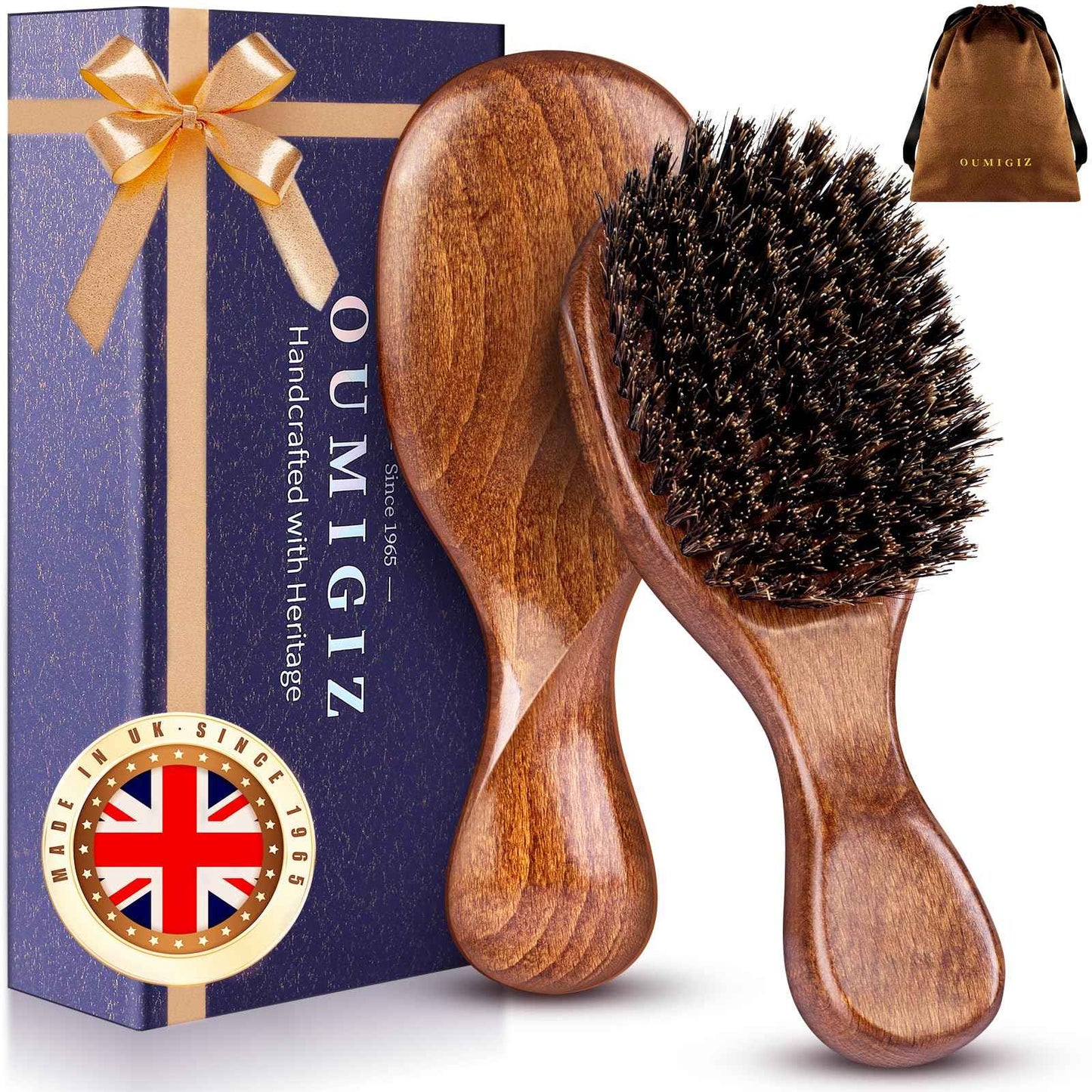 OUMIGIZ Boar Bristle Hair Brush Since 1965 British Craftsmanship, Handmade Natural Wooden Mini Hairbrush/Beard Brush, Pure Soft Bristles Gentle Detangling Women Men Kids Thin Fine Hair, Smooth & Shine