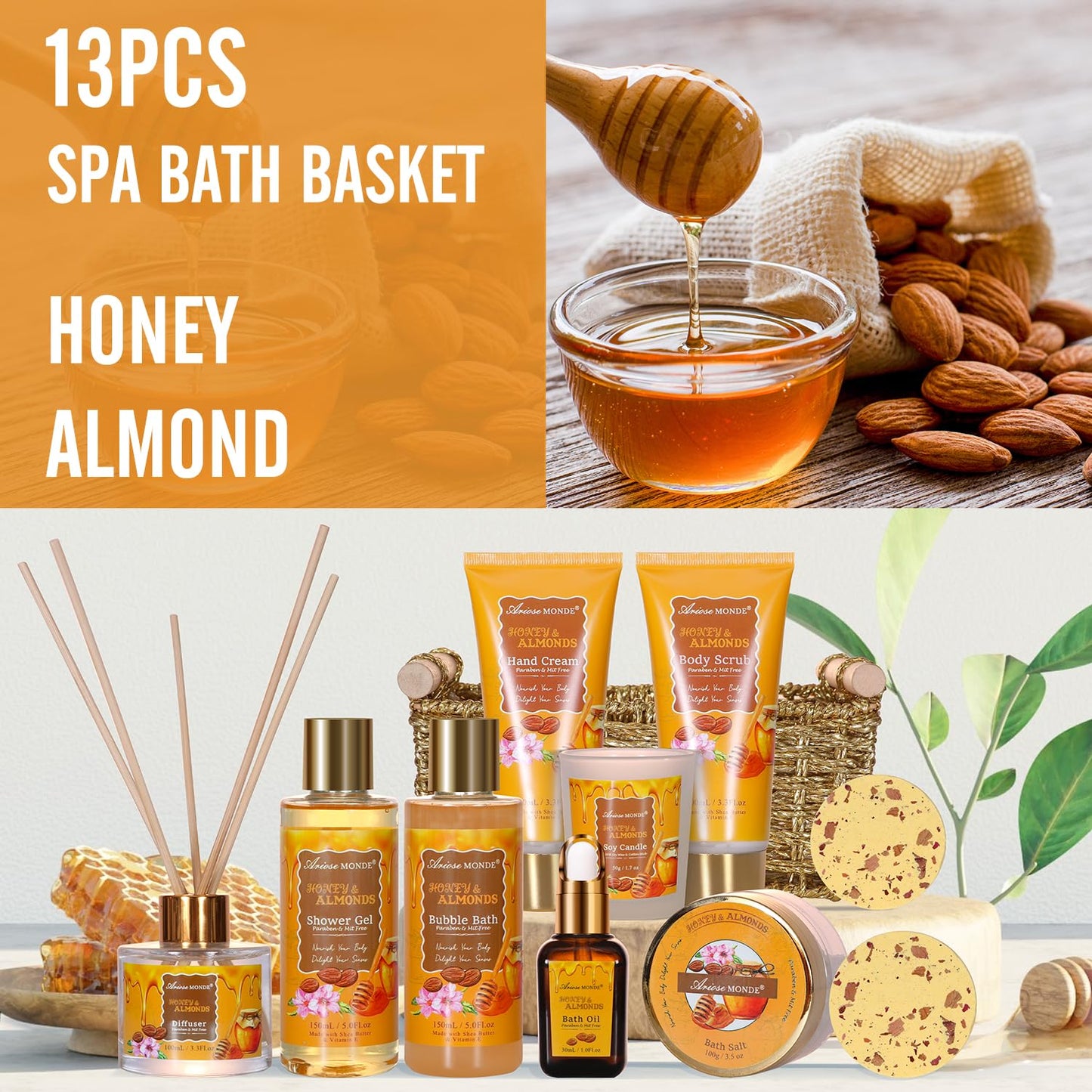 Gifts for Women, Bath and Body Gift Set for Women with 13pcs Honey Almond Scented Spa Gifts for Women, Bath Sets Includes Scented Candle, Shower Steamer, Bubble Bath, Bath Salt. Mothers Day Gifts