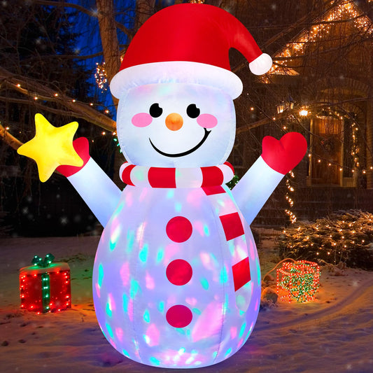 MICOCAH 5FT Christmas Inflatable Outdoor Decoration Snowman with Star and Smile Warmly, Blow up Snowman Yard Decor Built-in Bright Colorful Rotating LED for Holiday Garden Patio Lawn Party