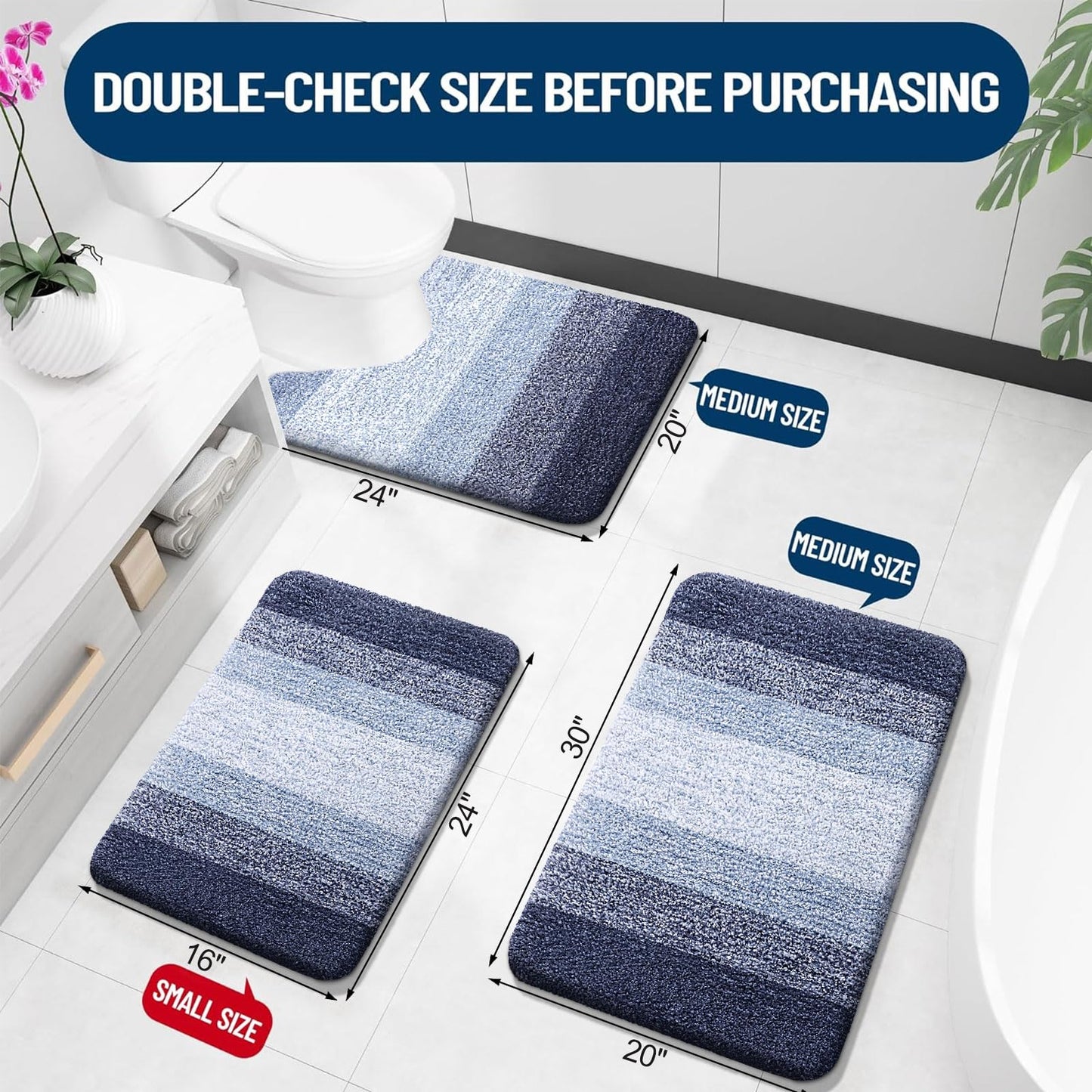 OLANLY Bathroom Rug Mat 24x16, Extra Soft and Absorbent Microfiber Bath Rugs, Non-Slip Plush Shaggy Bath Carpet, Machine Wash Dry, Bath Mats for Bathroom Floor, Tub and Shower, Navy Blue