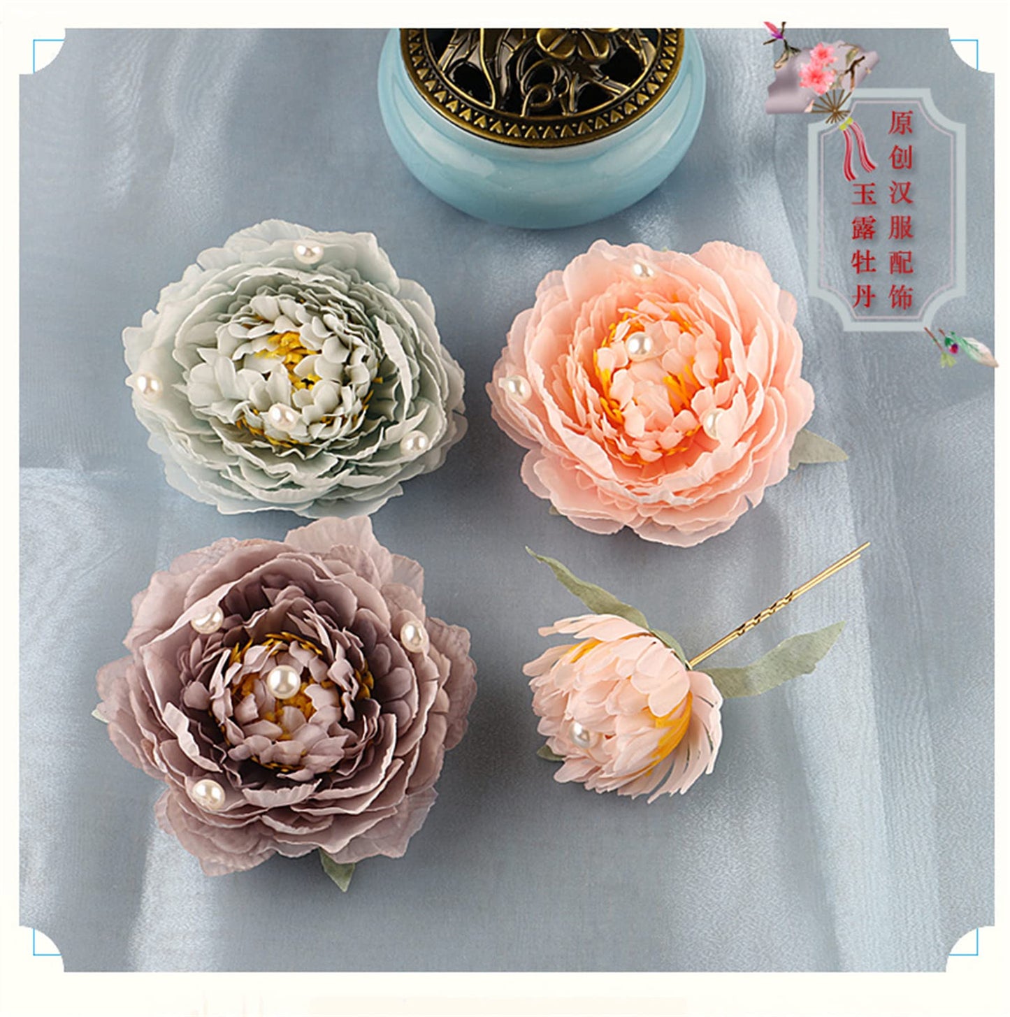 Peony Flower Hair Clip Hanfu Hairpin Bridesmaid Pin up Flower Brooch Party Wedding Decor (one size, Light Green-3Pcs)