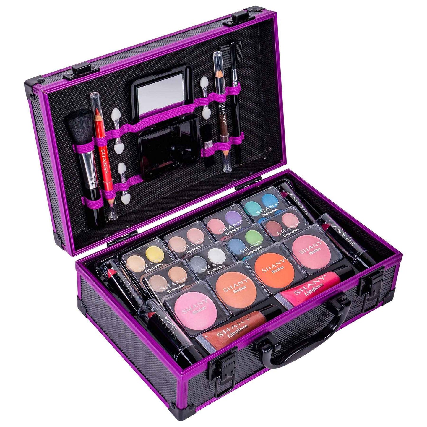 SHANY Carry All Make up Train Case with Pro Makeup Set, Beauty Brushes, Lipsticks, Eye Shadows, Blushes, Powders, and more - Reusable Cosmetics Storage Organizer - Premium Gift Packaging - Purple