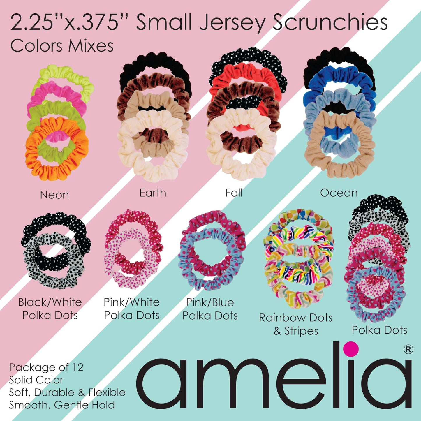 Amelia Beauty Small Black/White Dot Mix Jersey Mini Scrunchies for Fine Hair, 12-Pack – Soft & Stylish No-Damage Hair Ties for Everyday Fun!