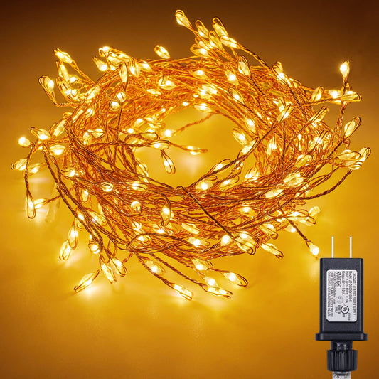 2Pcs Fairy Lights Plug in, 10Ft 200LED Copper Wire Firecracker Firefly Lights Waterproof Cluster String Lights for Ceiling Bedroom Wreath Window Wedding Christmas Tree Decor, Warm White (No Remote)