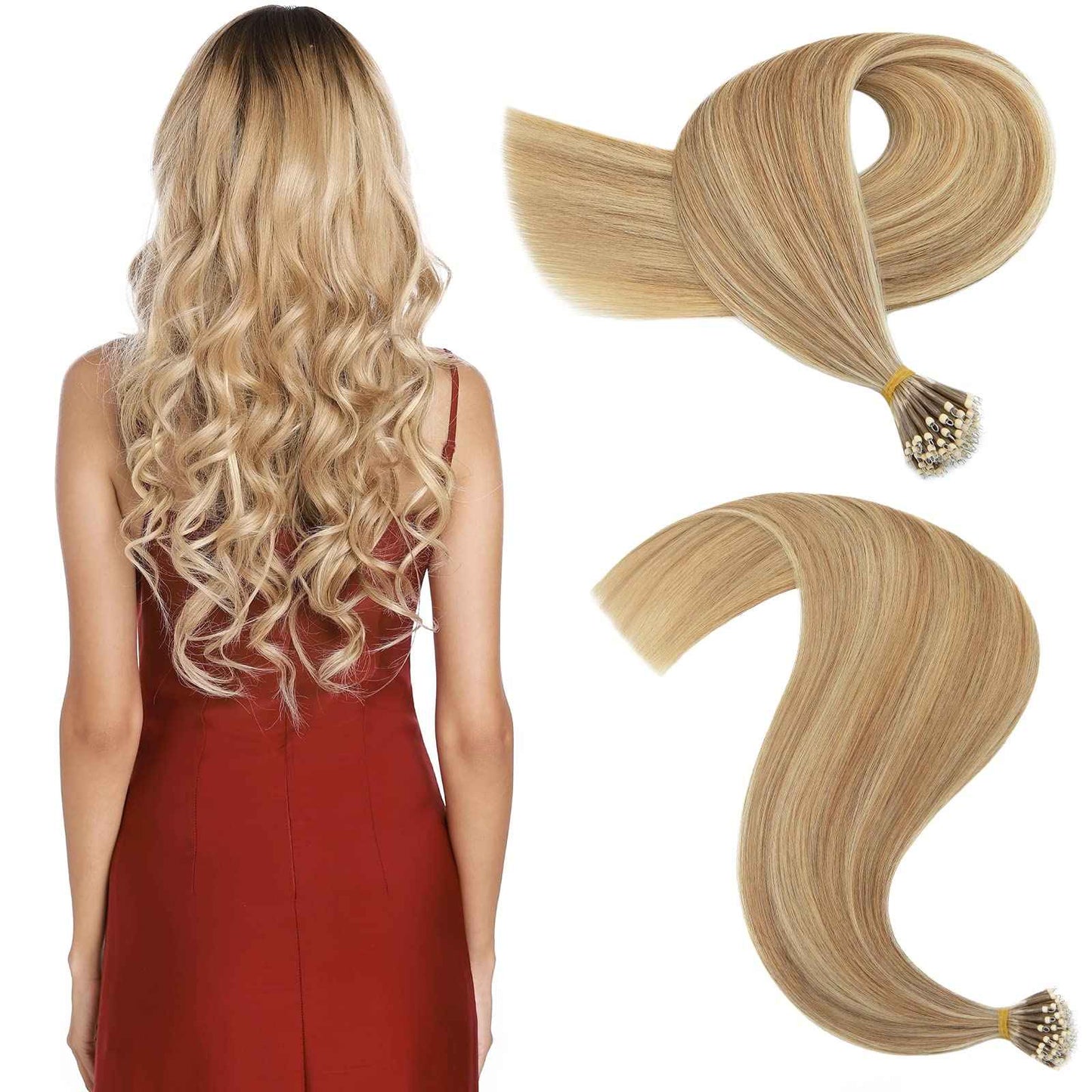 S-noilite Nano Ring Human Hair Extensions Pre Bonded Nano Bead Tip Hairpieces Balayage Highlighted Cold Fusion Micro Link Loop Remy Hair 50g 50 Strands For Women 18" #12/613 Golden Brown/Bleach Blonde