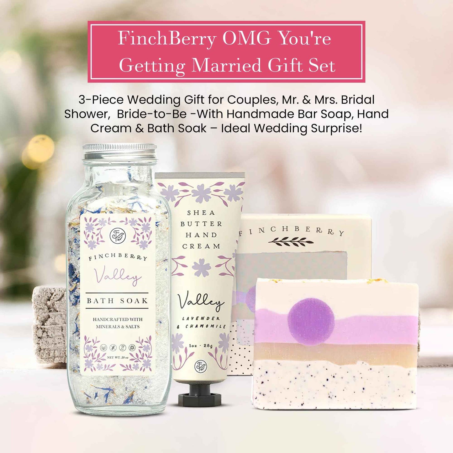 FinchBerry OMG You're Getting Married Gift Set – 3-Piece Wedding Gift for Couples, Mr. & Mrs., Bridal Shower, Bride-to-Be – With Luxurious Soap Bar, Hand Cream & Bath Soak – Ideal Wedding Surprise!