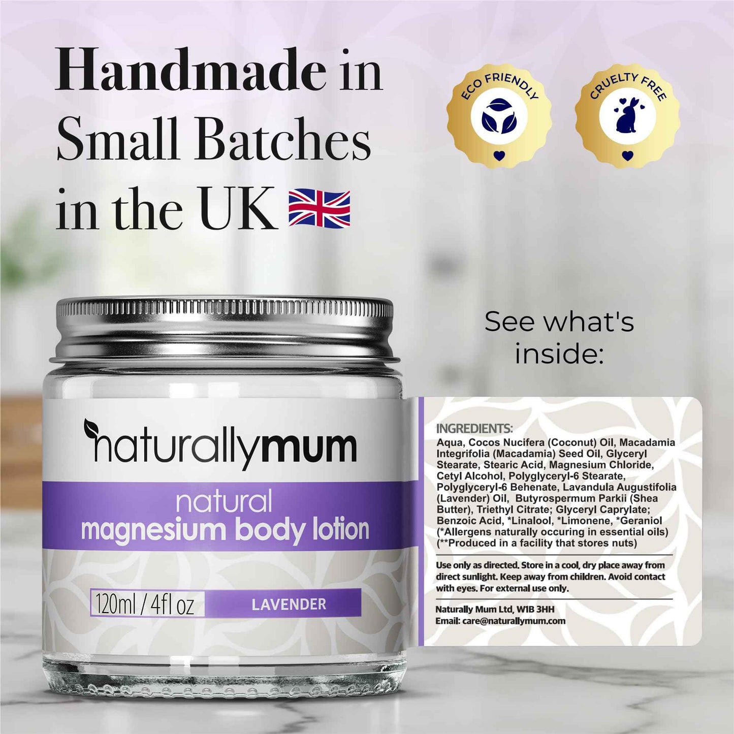 NaturallyMum - Magnesium Body Lotion [NATURAL & VEGAN] - Topical Magnesium Chloride Cream Lotion Support for Sleep, Bone, Heart & Muscle Health - Lavender - Made in UK & Safe for Kids