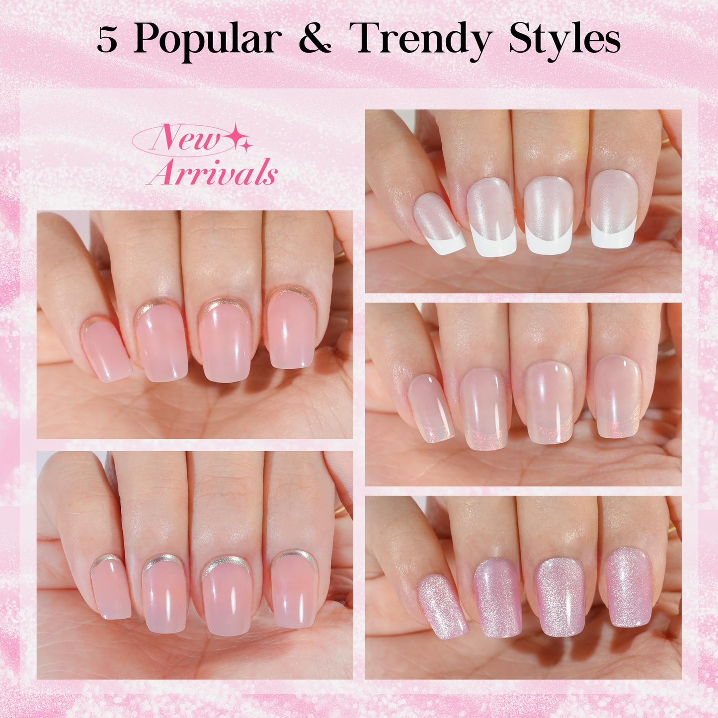 Chrome French Tip Press on Nails Short 5 Styles, Jofay Fashion 120Pcs Salon-Like Acrylic Fake Nails with Mermaid Pearl Chrome Gold Foil End Designs, Glossy & Natural Glue on Nails Set F