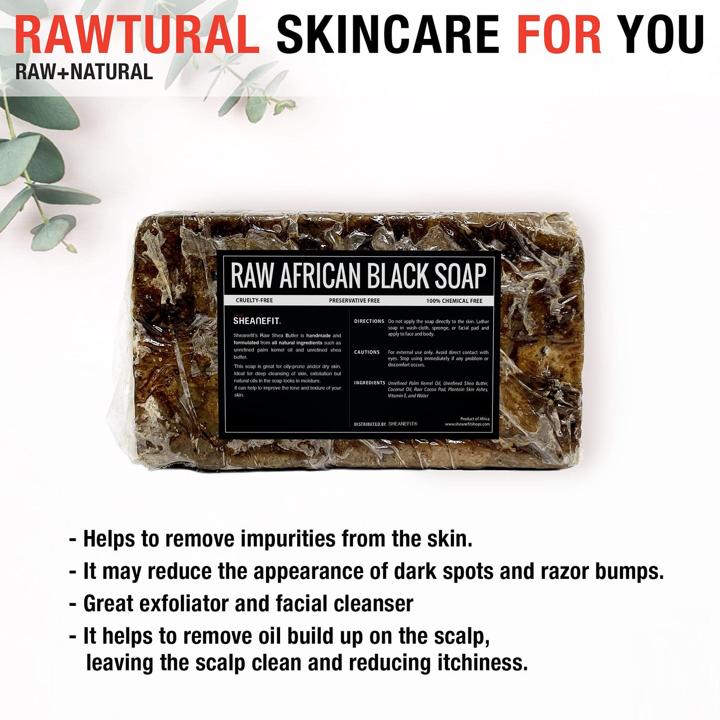 Sheanefit Raw African Black Soap Bar - For All Skin Types - Face, Body, Hair Soap Bulk Bars (3 Pound)