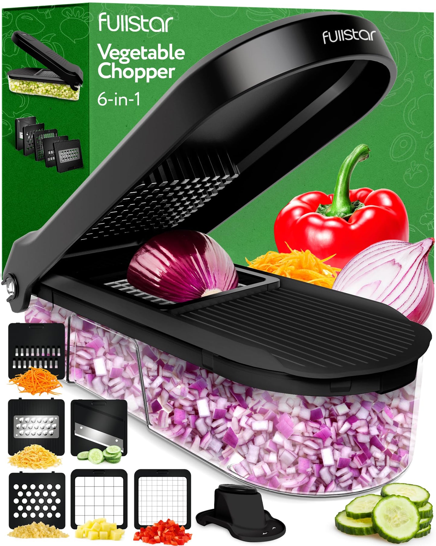 Fullstar Vegetable Chopper, Cheese Slicer, Food Chopper, Veggie Chopper, Onion Chopper, Vegetable Chopper with Container, Mandoline Slicer & Cheese Grater (6 in 1 - Black)