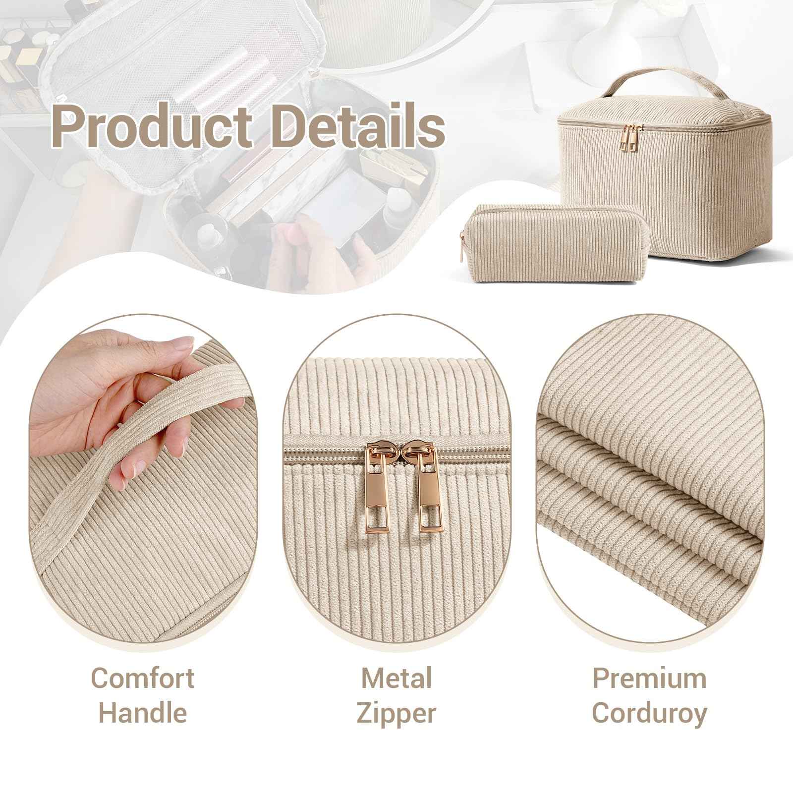 MAGEFY 2Pcs Makeup Bag,Cosmetic Bag Large Capacity with Handle Small Makeup Bag for Purse, Travel Makeup Pouch for Women,Beige