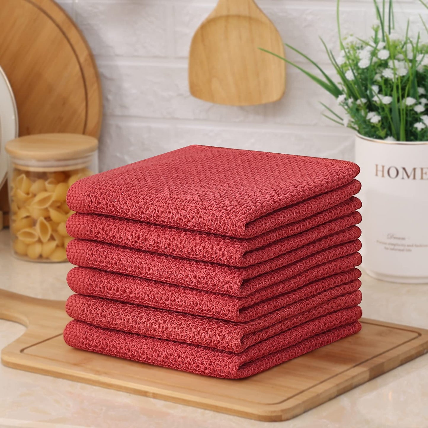 Kitinjoy 100% Cotton Kitchen Dish Cloths, 6 Pack Waffle Weave Ultra Soft Absorbent Dish Towels for Drying Dishes Quick Drying Kitchen Towels Dish Rags, 12 X 12 Inches, Brick Red