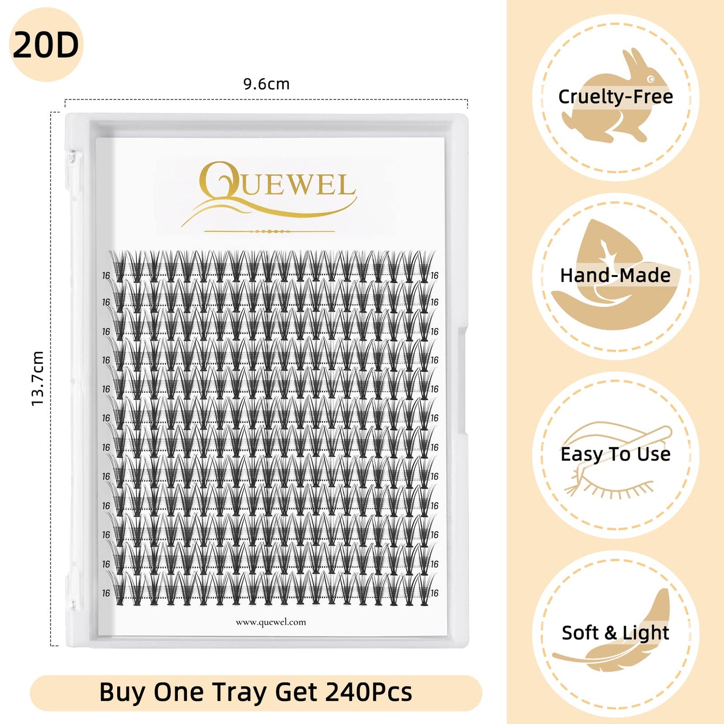 QUEWEL Cluster Lashes 240Pcs Individual Lashes 20D 0.07C Curl 16mm Knot-Free Lash Extensions Clusters Lashes Soft&Natural False Eyelashes Individual DIY Eyelash Extension at Home(20D 0.07C 16)