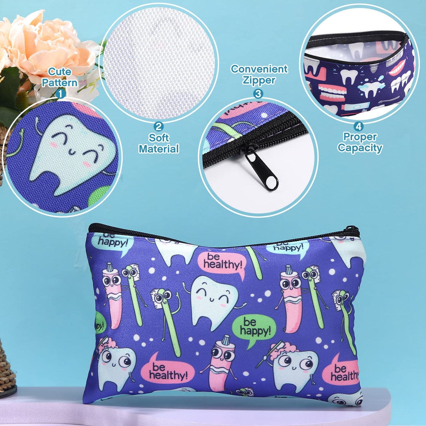 12 Pieces Teeth Makeup Bag Cute Cosmetic Bag for Nurse Women Dental Dentist Gift Colorful Toiletry Bag Multifunctional Polyester Bag with Zipper Teeth Printed Accessories (7.09 x 4.33 Inch)