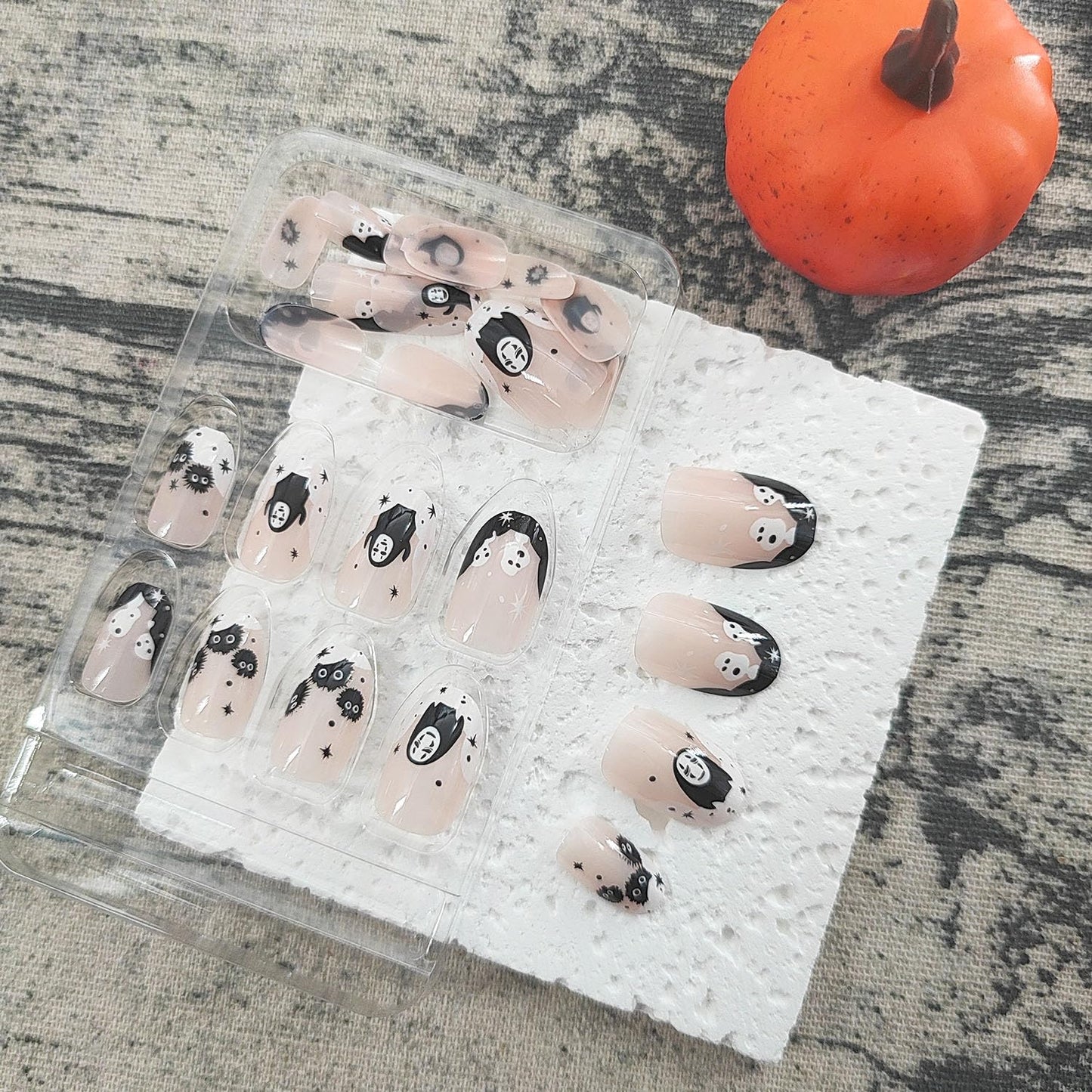 Halloween Fake Nails Short Press on Nails Almond Acrylic Nails White French Translucent Nails Press ons Black Ghosts Artificial Cute Halloween Stick on Nails Set