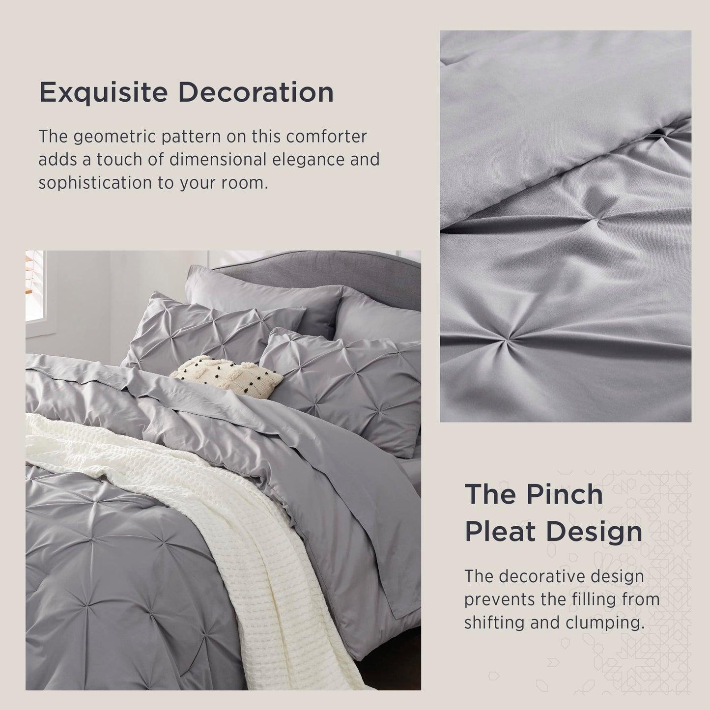 Bedsure King Size Comforter Set - Bedding Set King 7 Pieces, Pintuck Bed in a Bag Grey Bed Set with Comforter, Sheets, Pillowcases & Shams