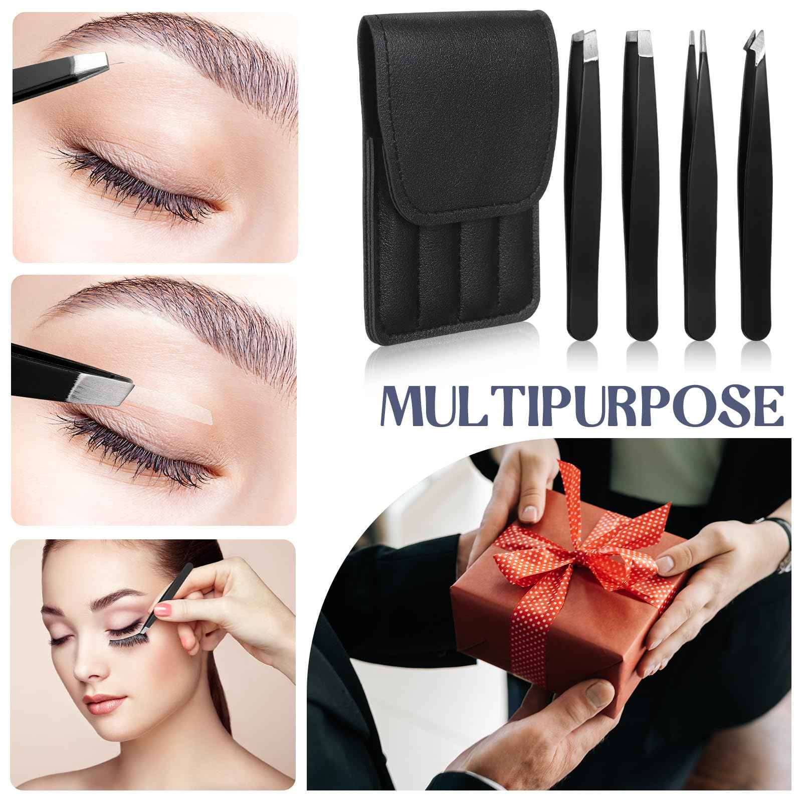 Lasnten 12 Sets Eyebrow Tweezers Set and Curved Scissors, 4 in 1 Professional Stainless Steel Tweezers for Women and Men, Splinter and Ingrown Hair Removal with Travel Case(Black)