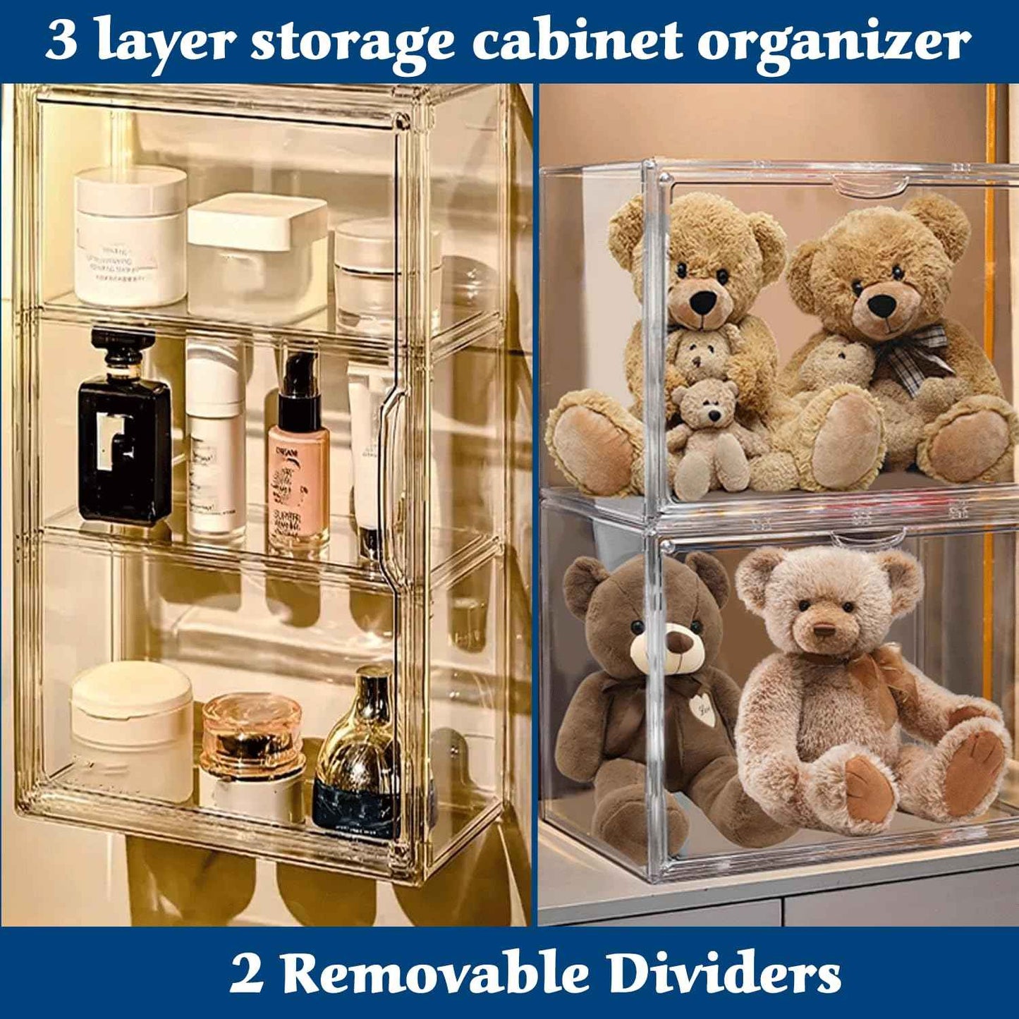 OFRIN 2 Pack Acrylic Display Case with Cleaning Cloth, Magnetic Door & 4 Adjustable Dividers, 3 Tier Display Cases, Stackable Clear Organizers, Acrylic Box, Display Cases