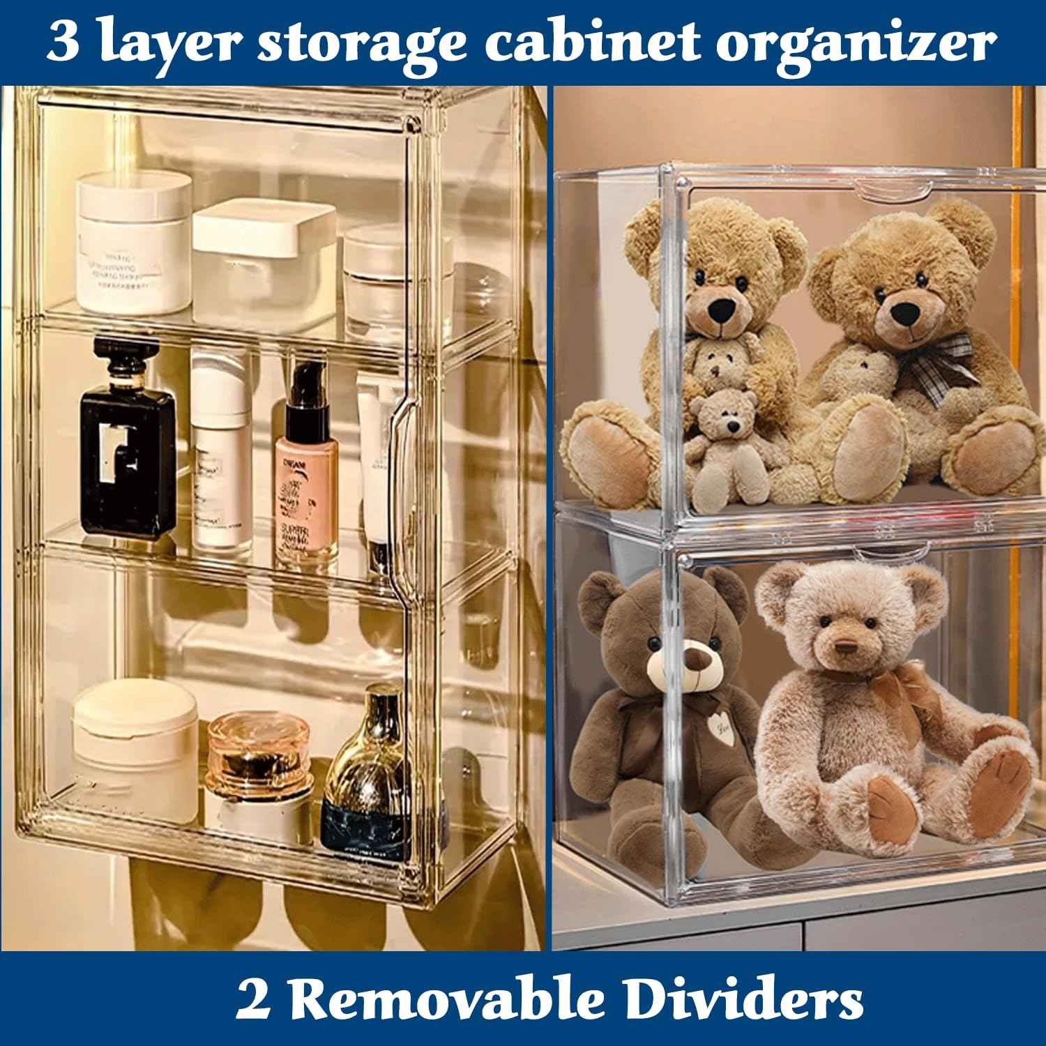 OFRIN 2 Pack Acrylic Display Case with Cleaning Cloth, Magnetic Door & 4 Adjustable Dividers, 3 Tier Display Cases, Stackable Clear Organizers, Acrylic Box, Display Cases