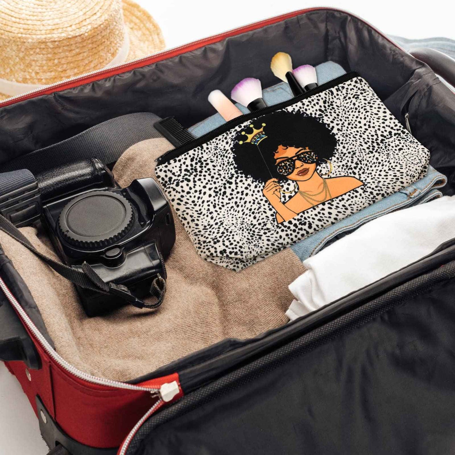 Umigy 12 Pcs African Girl Makeup Bag Black Girl Makeup Bag Afro Melanin Art Cosmetic Canvas Bags Funny Cute Reusable Toiletry Pouch Organizer Black Owned Business Gift for Women Lady(Leopard Print)