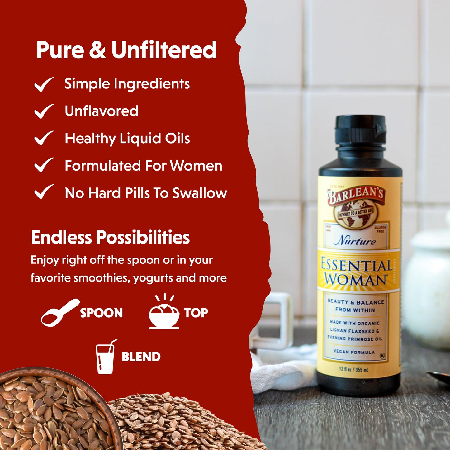 Barlean's Essential Woman Liquid Supplement for Women, Organic Flaxseed, Evening Primrose Oil & Soy Isoflavones, Omega 3 6 9 and GLA, Hormonal Balance & Healthy Hair and Skin, 12 oz