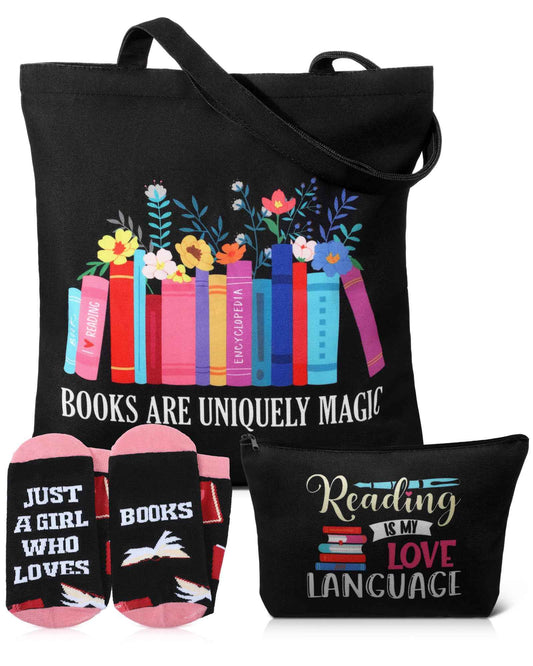 Huhumy 3 Pcs Book Lover Gifts for Women Library Tote Bag Novelty Book Socks Cosmetic Bag Christmas Bookish Gifts for Reading Lovers Librarian Colleagues Teachers Friends Bookworms Authors