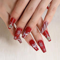 Christmas Press on Nails Long Coffin Fake Nails with Ribbon Designs Red Pink Stripe Glue on Nails Snowflake Gift Stick on Nails Glossy Reusable Xmas False Nails for Women Girls Winter Holiday Manicure
