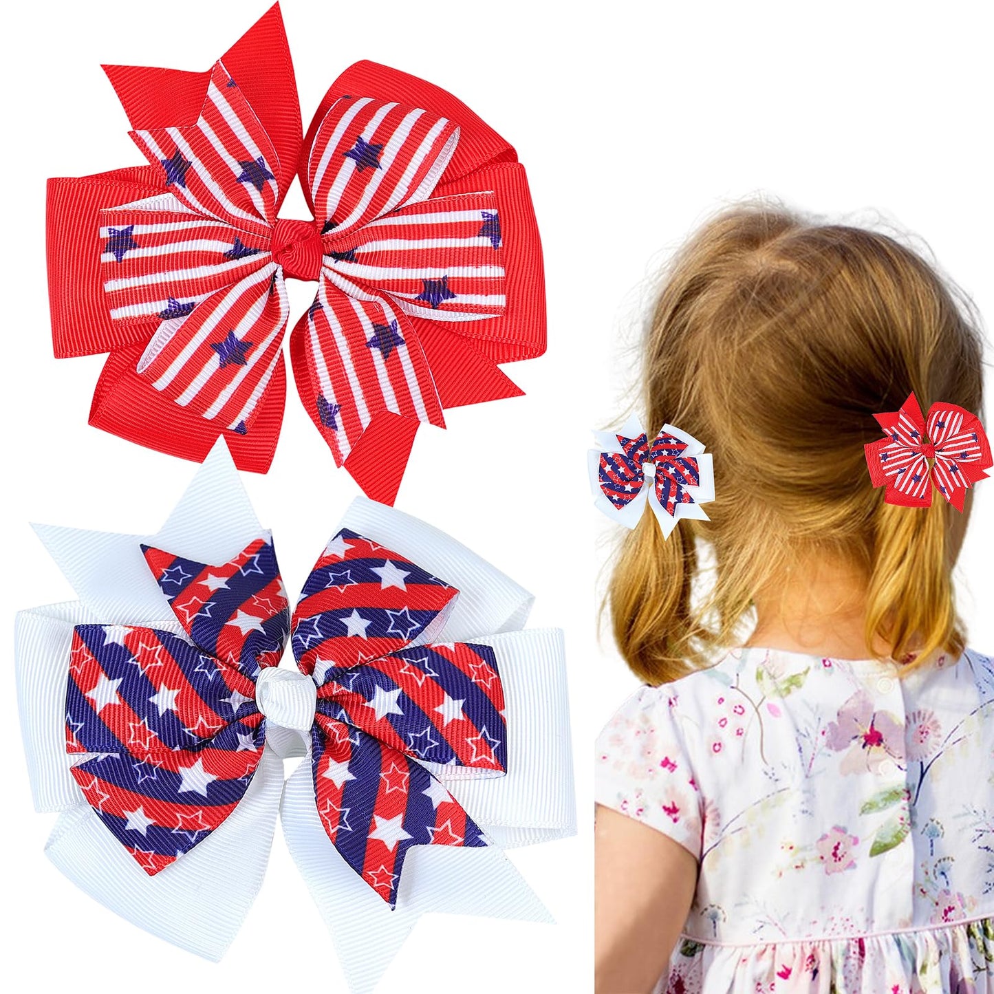 4th of July American Flag Alligator Grosgrain Ribbon Star Patriotic Hair Accessories - Red White Bows, Clips, Pins & Barrettes for Women, Girls, Holiday & Memorial Day (2PCS)