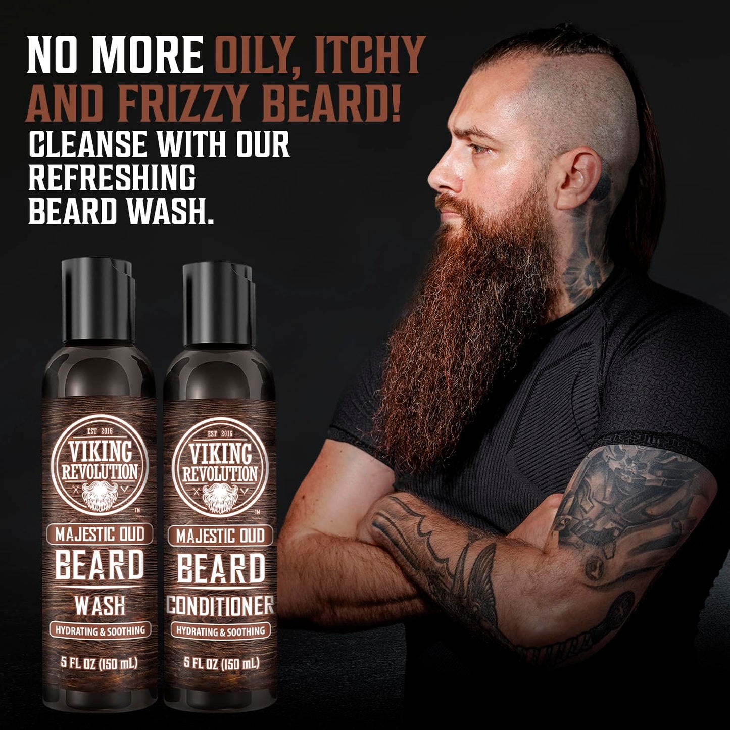 Viking Revolution Beard Wash and Beard Conditioner for Men with Argan Oil and Jojoba Oil - Beard Softener and Strengthener Beard Care Beard Shampoo and Conditioner with Beard Oil (5oz, Majestic Oud)