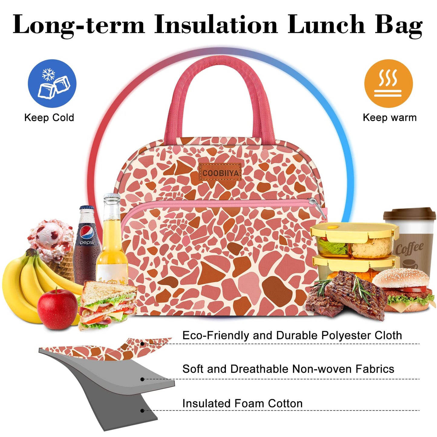 Coobiiya Lunch Bag Women, Lunch Box Lunch Bag for Women Adult Men, Small Leakproof Cute Lunch Tote Large Capacity Reusable Insulated Cooler Lunch Container for Work/Office/Picnic/Travel-Pink Leopard