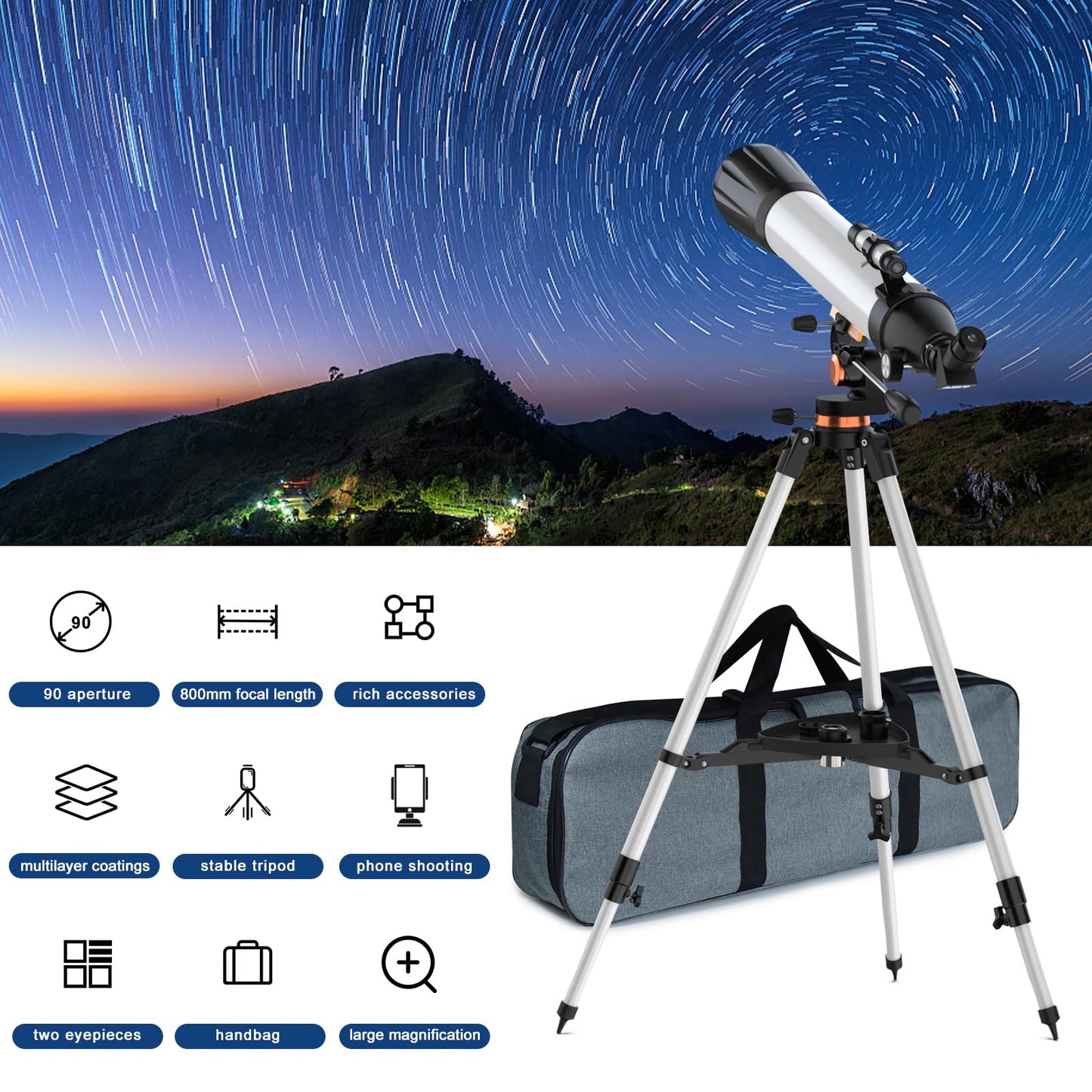 Telescope 90mm Aperture 800mm Telescope for Adults with High Powered, Refractor Telescopes for Kids & Beginners, Multi-Coated High Transmission AZ Mount Portable Telescope Includes Carry Bag