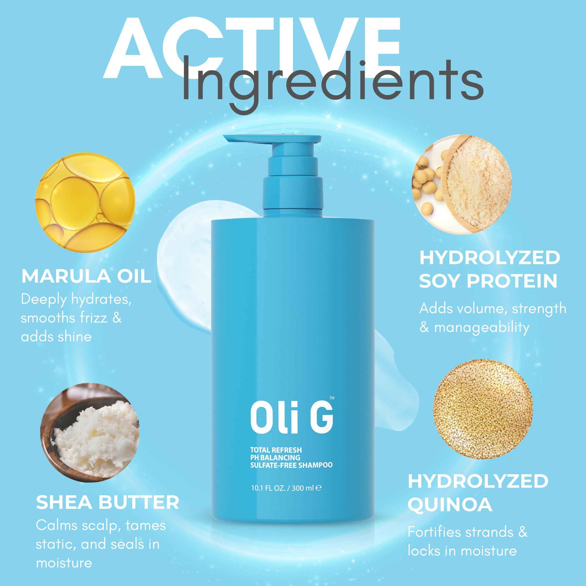 Oli G Total Refresh pH Balancing Shampoo – Lightweight Daily Cleanser for All Hair Types – With Marula Oil, Shea Butter & Quinoa Protein – Hydrating, Anti-Frizz Formula – 10.1 fl oz