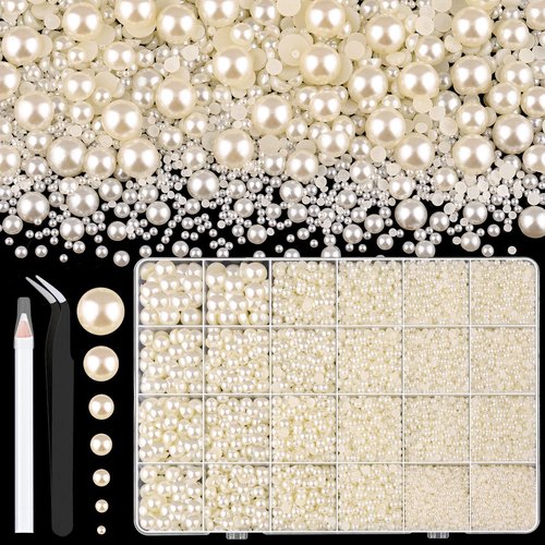 13000Pcs Flatback Pearls for Crafting (White), Assorted Size 2/3/4/5/6/8/10mm Half Pearl with 3Pcs 10ml B7000 Jewelry Glue, Bedazzling Bead for DIY Crafts Clothing Tumbler Shoes Embellishment Nail Art