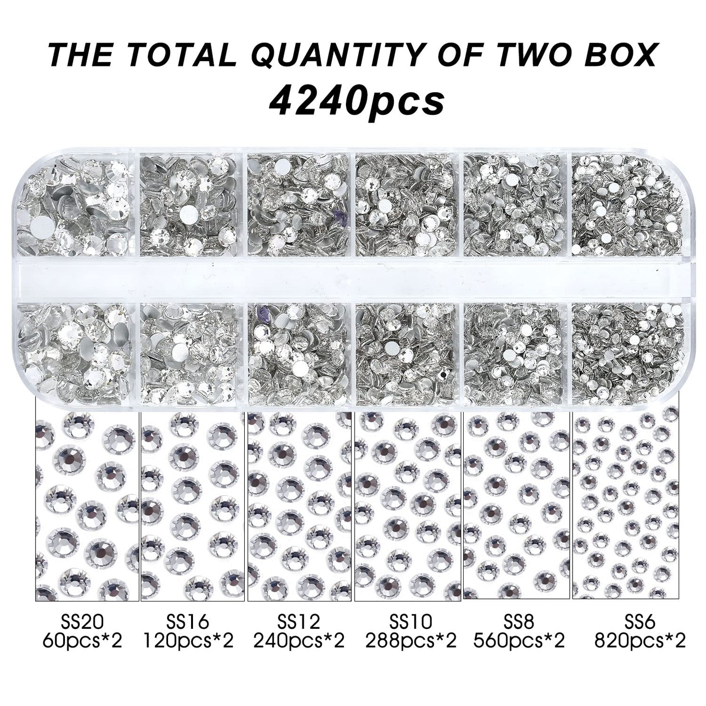 4240Pcs Flatback Clear Rhinestones Glass Crystal Diamonds for Nail Art Crafts Tumblers Glitter Round with Tweezers and Picking Pen (SS6~SS20 Set)