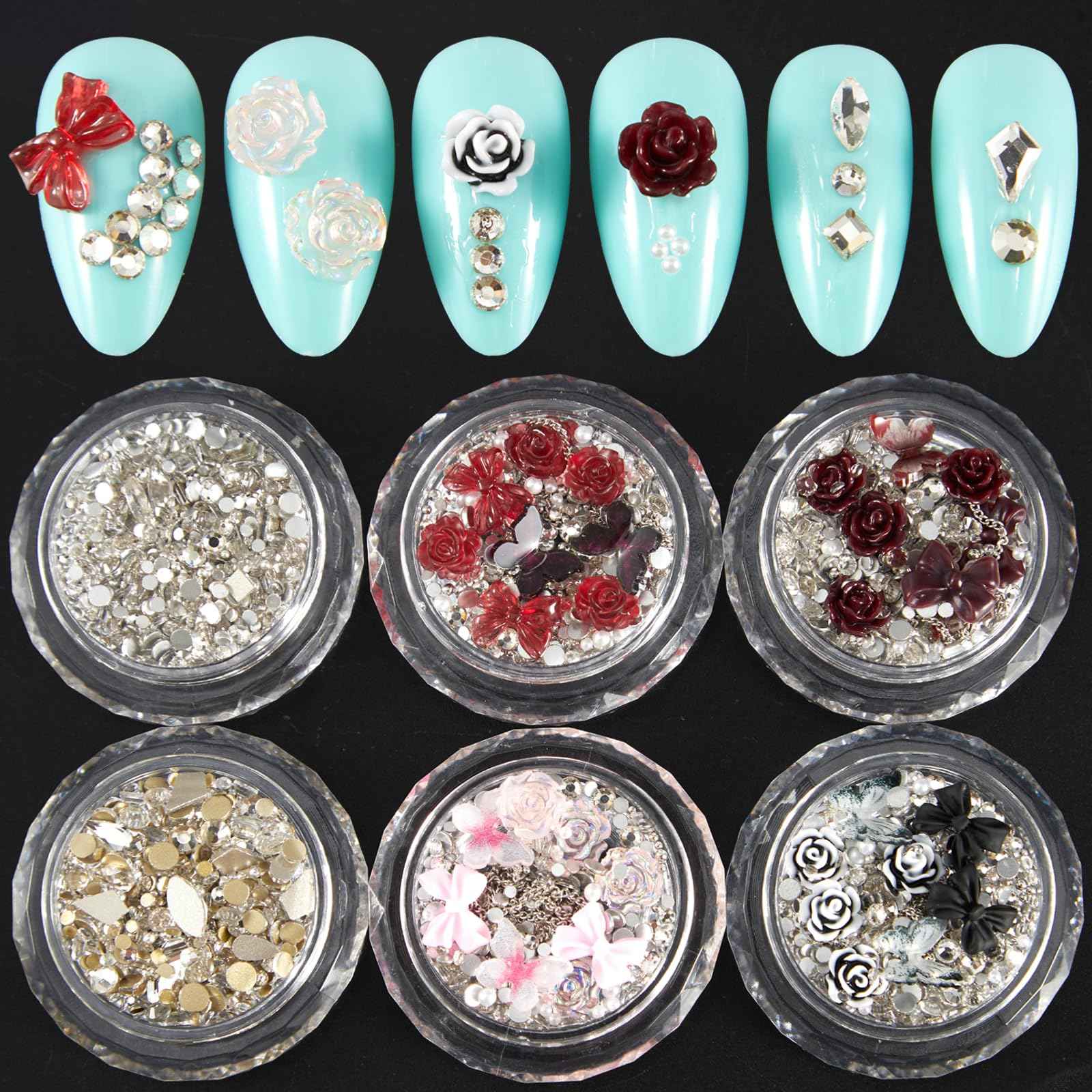 SILPECWEE 6 Boxes Nail Rhinestones and Charms, 3D Flower Butterfly Bow Nail Art Charms Nail Gems Diamond Pearls Glass Crystal Clear Silver Caviar Beads Metal Nail Chain Nail Jewelry Decoration