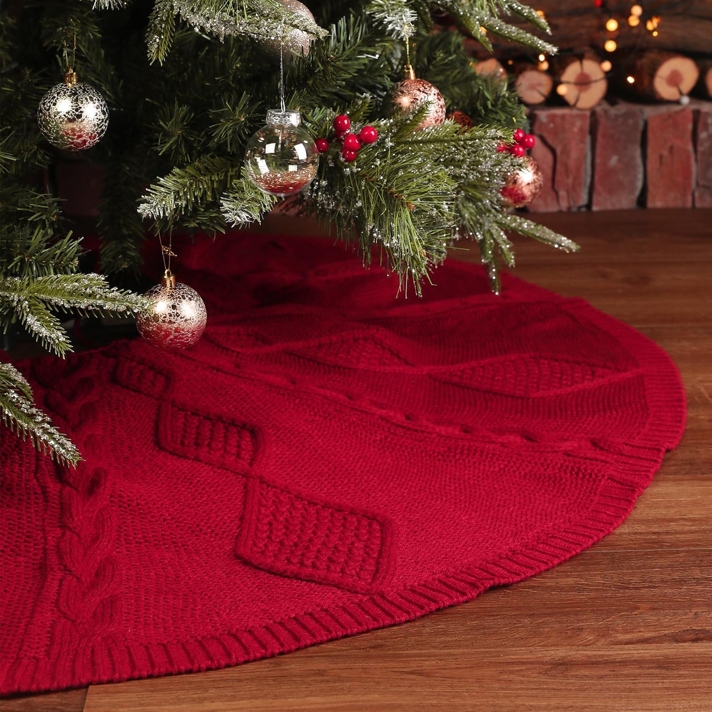 LimBridge Knitted Christmas Tree Skirt: 48 Inches Wine Red Tree Skirt, Diamond Braided Cable Knit Thick Rustic Christmas Tree Decorations, Farmhouse Christmas Decor Xmas Holiday Home Party Decorations