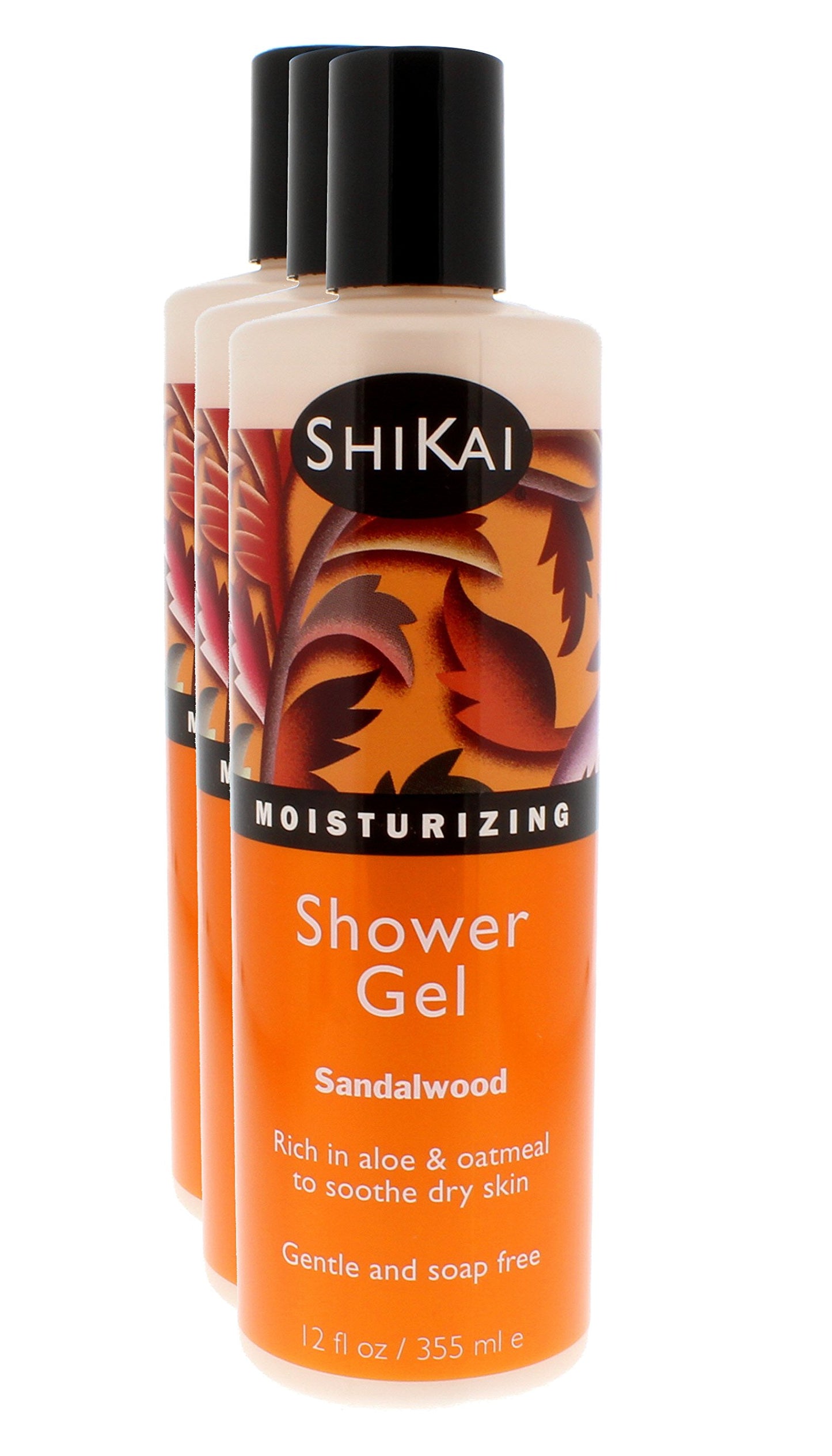 ShiKai Daily Moisturizing Shower Gel (Sandalwood, 12oz, Pack of 3) | Gentle Formula | Aloe Vera & Oatmeal for Soft, Healthy Skin | Dry Skin Relief