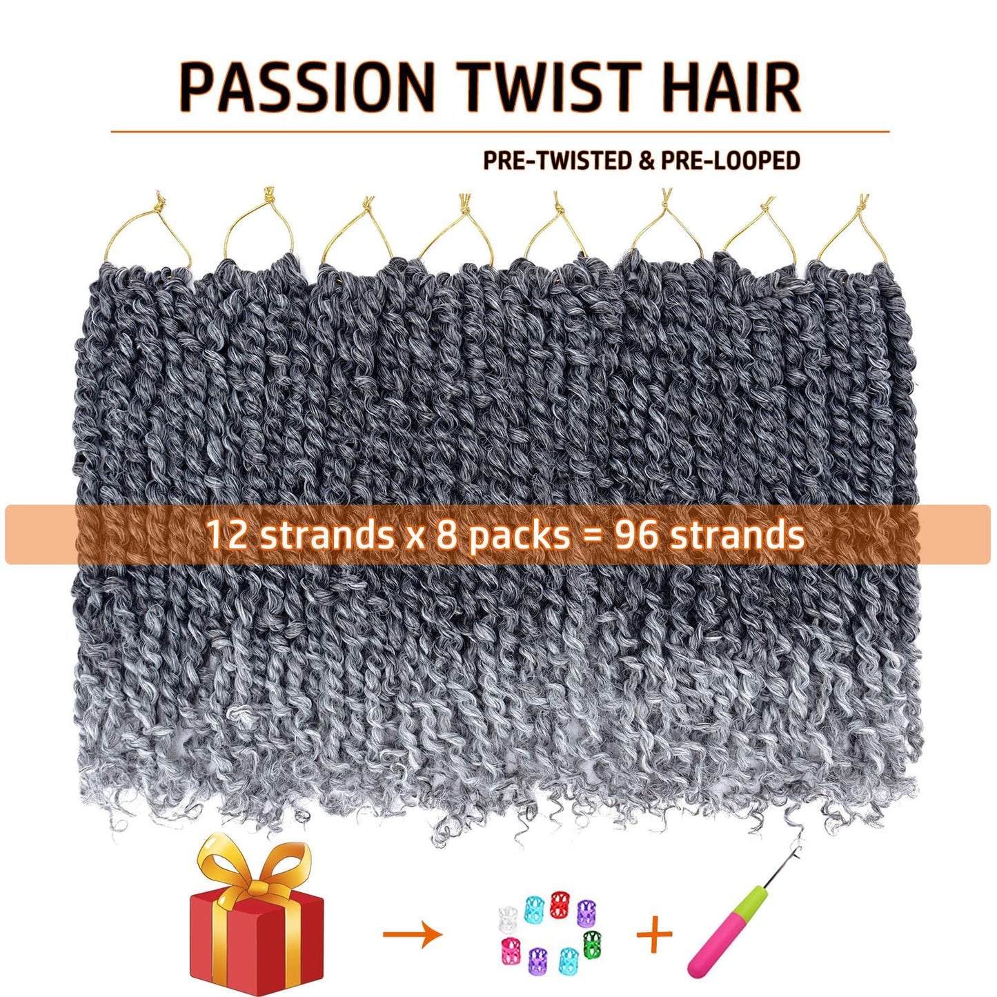 Passion Twist Hair 14 Inch Pre-twisted Passion Twist Crochet Hair for Women Pre-looped Water Wave Crochet Braids Bohemian Curly Crochet Hair Synthetic Hair Extensions 8 packs 1B/Gray