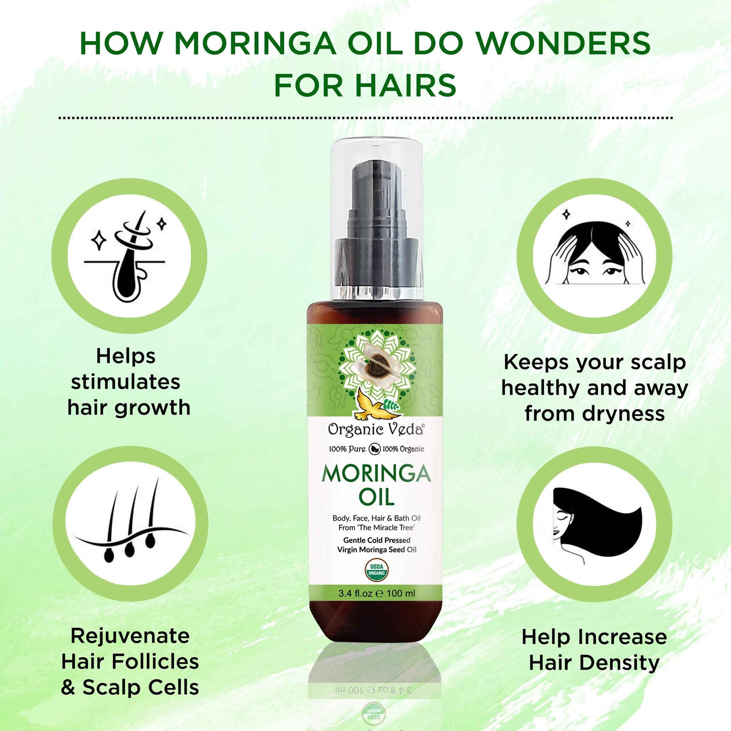 Organic Veda Moringa Oil Virgin 100% Pure & USDA Organic - Multi Purpose, Face, Hair & Skin, Nails, Fast Absorbing, Moisturizing & Beautifying - The Miracle Tree Moringa Oleifera Seed Oil, 3.4 fl.oz