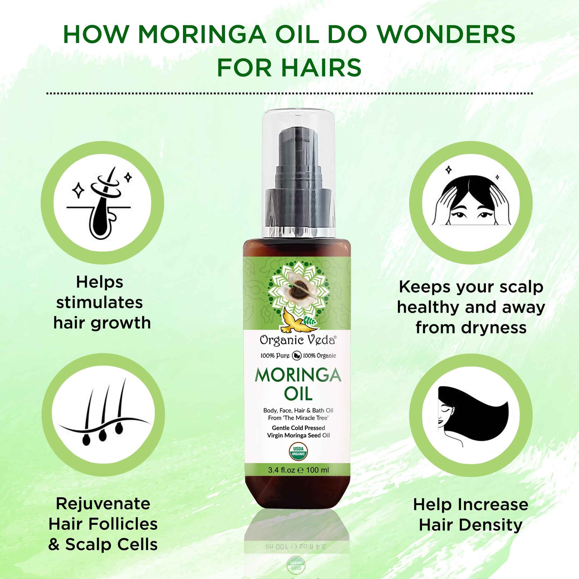 Organic Veda Moringa Oil Virgin 100% Pure & USDA Organic - Multi Purpose, Face, Hair & Skin, Nails, Fast Absorbing, Moisturizing & Beautifying - The Miracle Tree Moringa Oleifera Seed Oil, 3.4 fl.oz