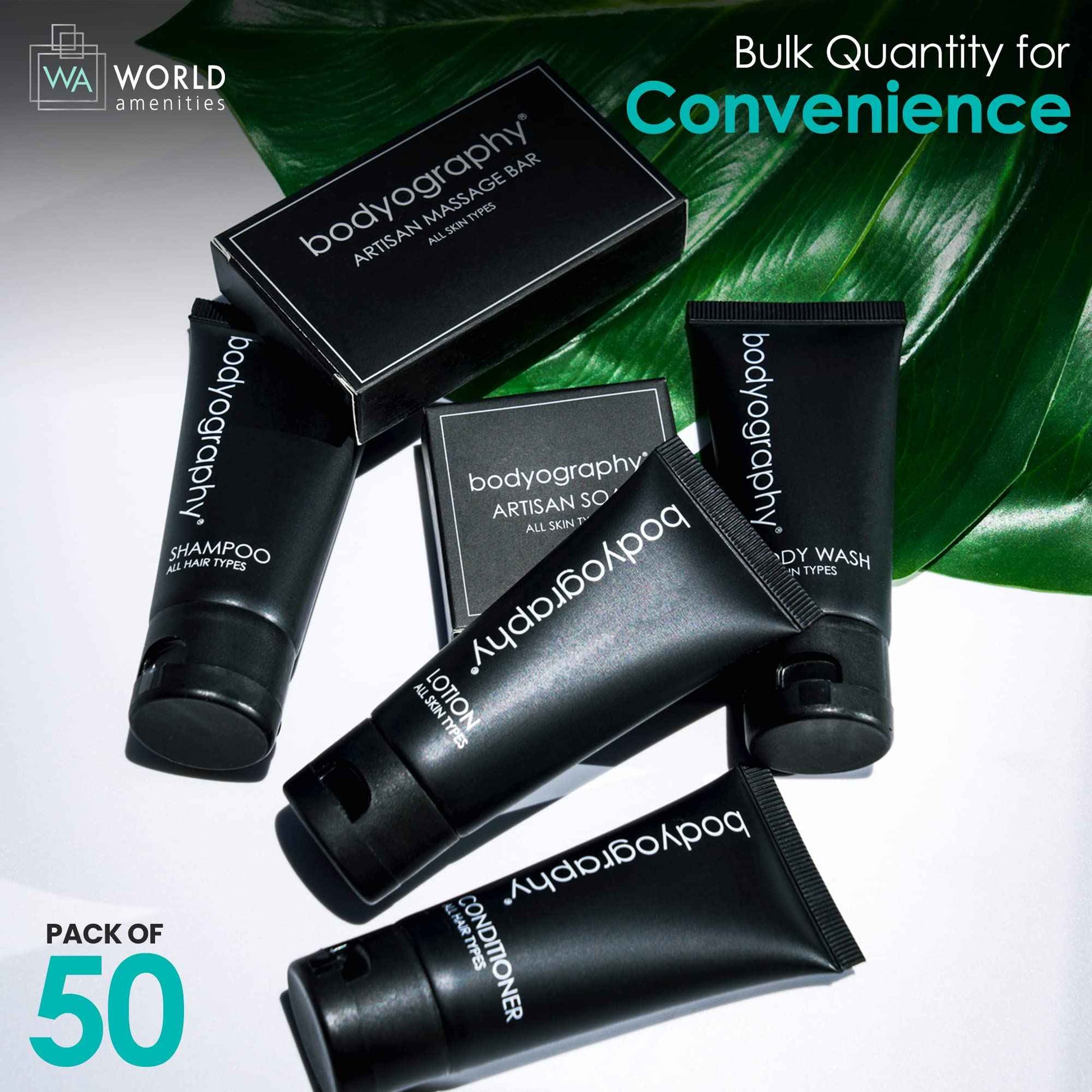 World Amenities - Bodyography - Bulk Body Wash | 50 Count, 1.4oz | Lavender Peppermint, Mini Travel Size Toiletries (100% Recyclable Tube with Flip Top Cap) Hotel Amenities.