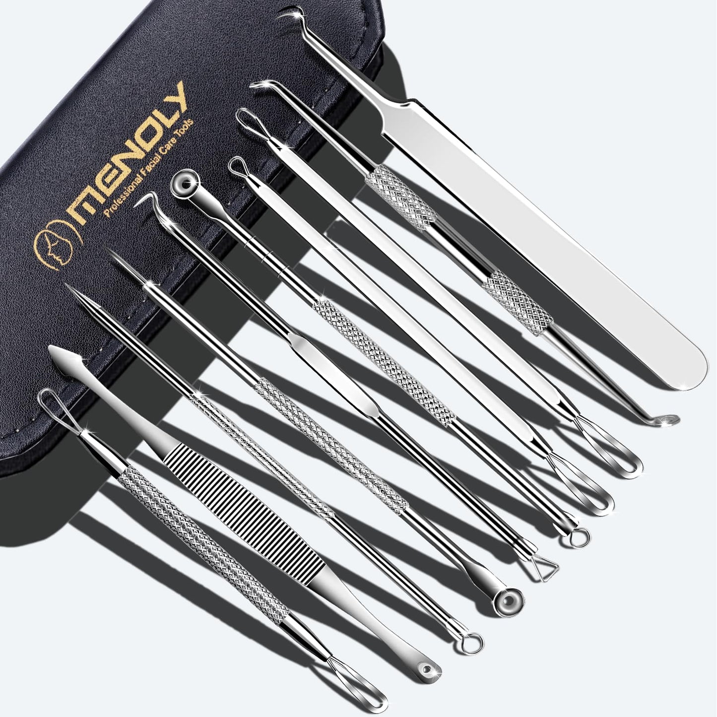 MENOLY Pimple Popper Tool Kit, 10 Pcs Blackhead Remover Zit Popper for Blemish, Pimple Comedone Extractor Acne Tool for Nose Face with a Leather Bag
