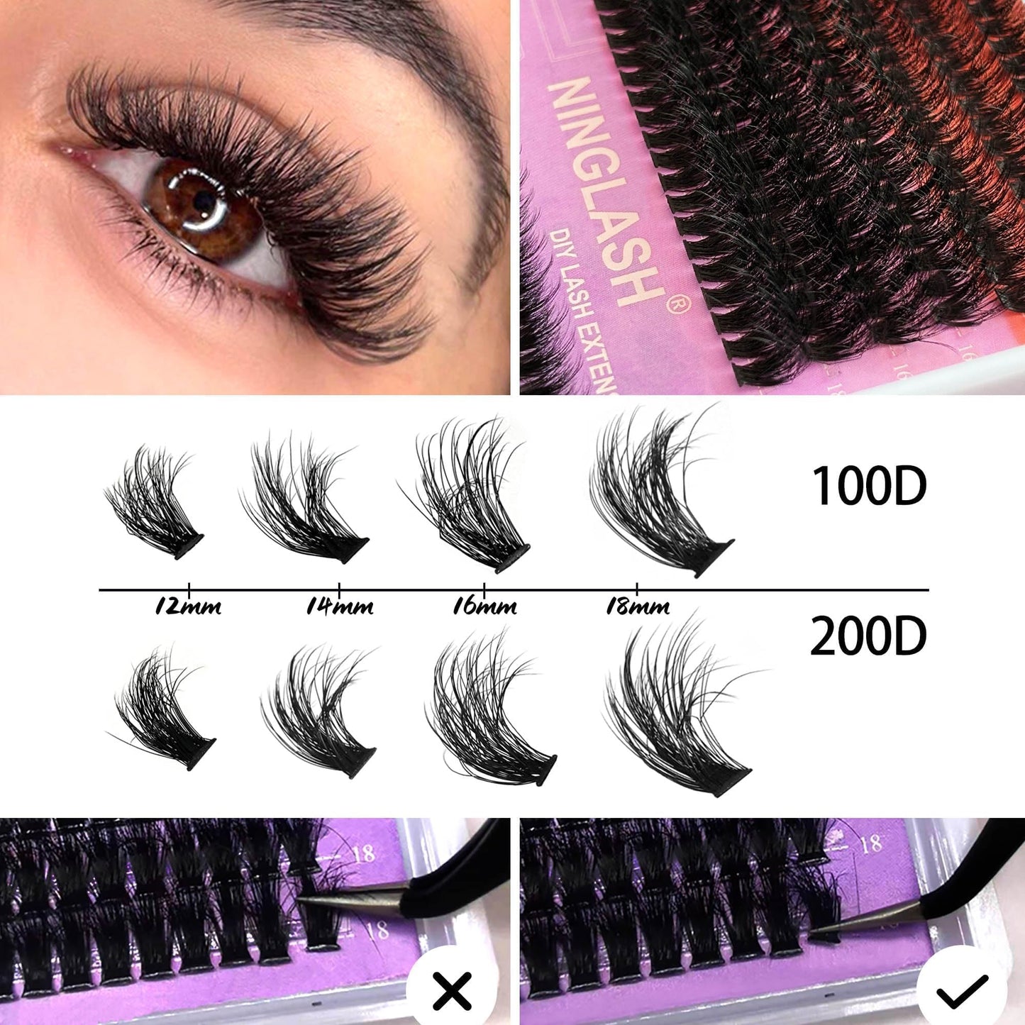 Lash Clusters Fluffy NINGLASH 100D 200D DIY Lash Extension Kit with Lash Bond, Lash Remover, Lash Applicator, Volume 280 Pcs Cluster Eyelashes Extension Individual Eyelashes Kit Thick Eyelash 12-18mm